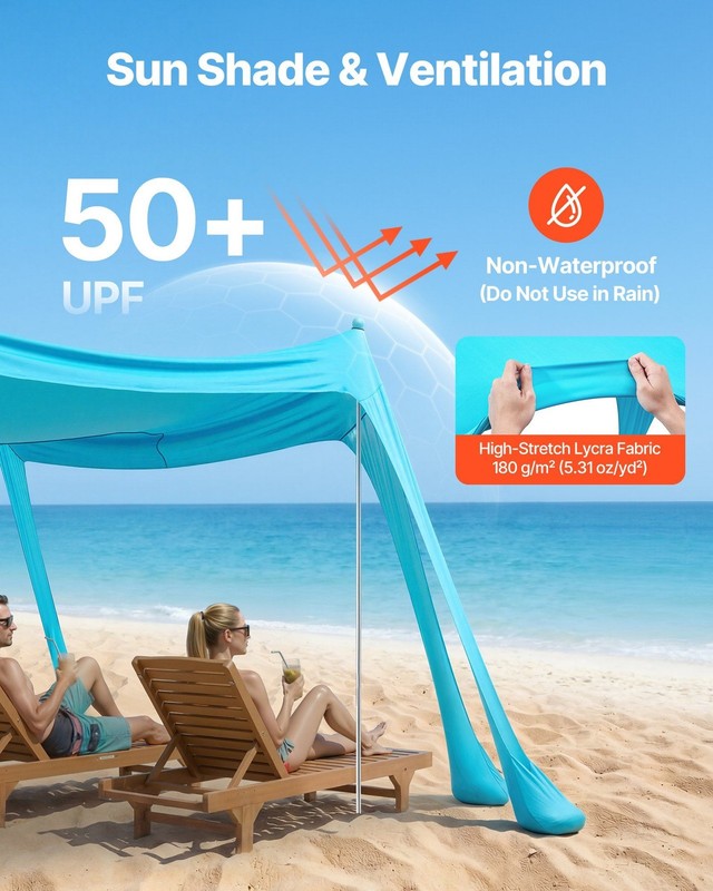 Beach Sun Shelter 10x10ft, UPF50+ Lycra, 8 Sandbags, 4 Alum Poles, Easy Setup gallery