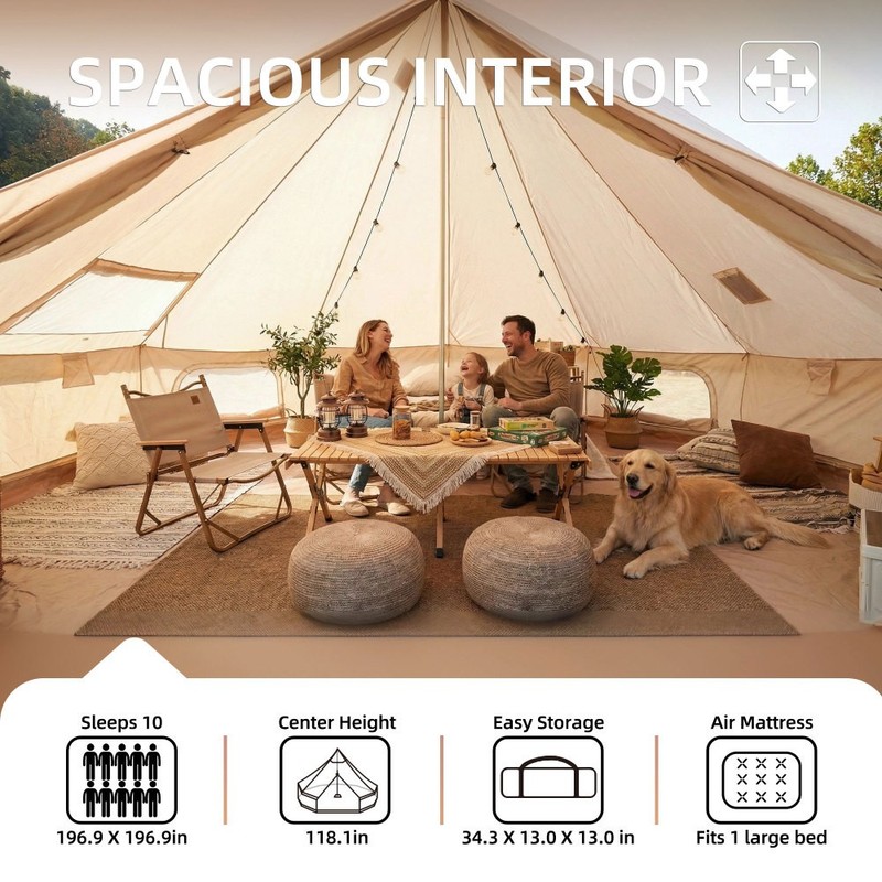 Beige 16.4FT 4 Season Bell Tent 10 Person Glamping Yurt Tent with Stove Jack gallery