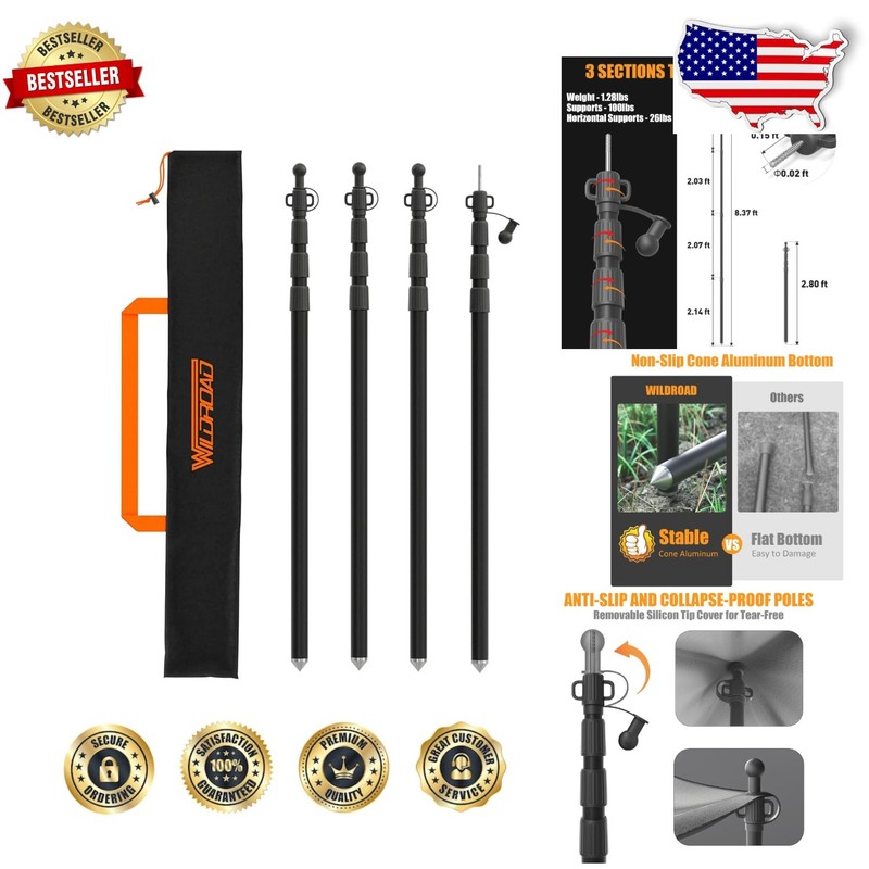 Telescoping Tarp Poles 8.37ft Set of 4 | Aluminum, Non-Slip Cone, Wind-Resis…