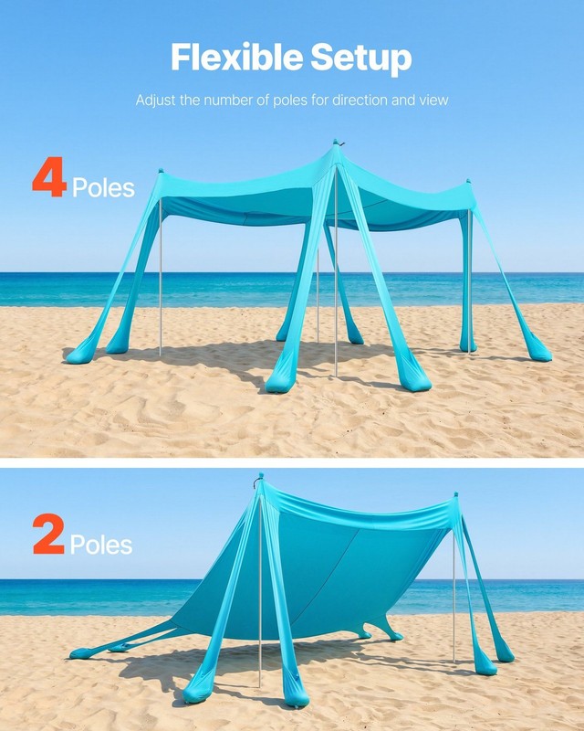 Beach Sun Shelter 10x10ft, UPF50+ Lycra, 8 Sandbags, 4 Alum Poles, Easy Setup gallery