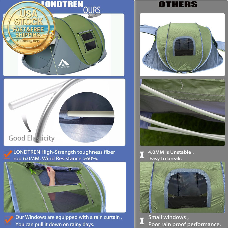 4 Person Pop up Tent Waterproof Automatic Setup Green Grey Instant Family Tent gallery
