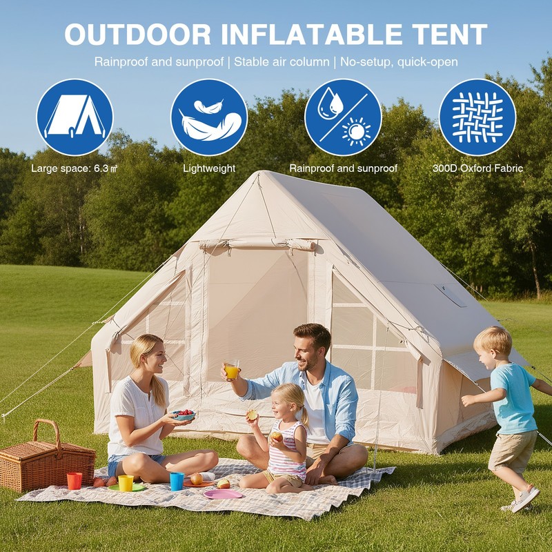 Air Glamping Tents with Pump Large Family Tent Waterproof Oxford for 4 Seasons