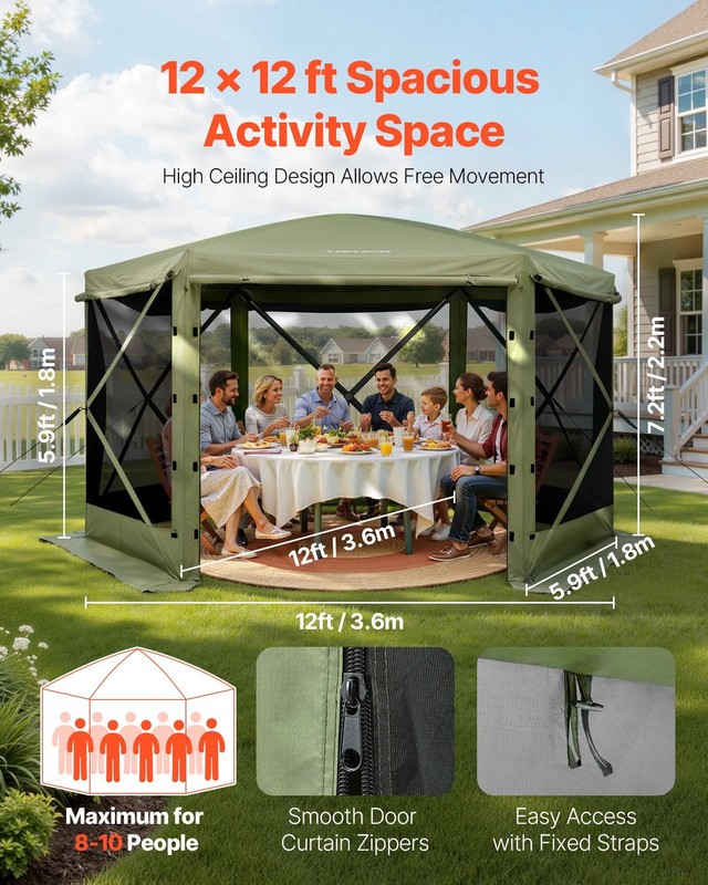 Pop up Gazebo Screen Tent, 12 x 12 ft Large 6-Sided Camping Canopy Tent with Rem