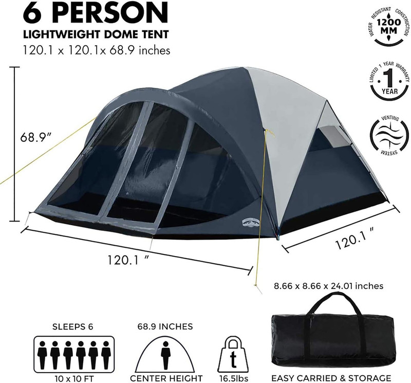 6 Person Dome Tent W/ Removable Rain Fly and Screen Room, Water Resistant - Navy gallery