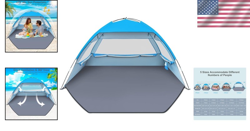 Durable Portable Beach Shade Tent for 3 - UV Protection & Ventilated Design gallery
