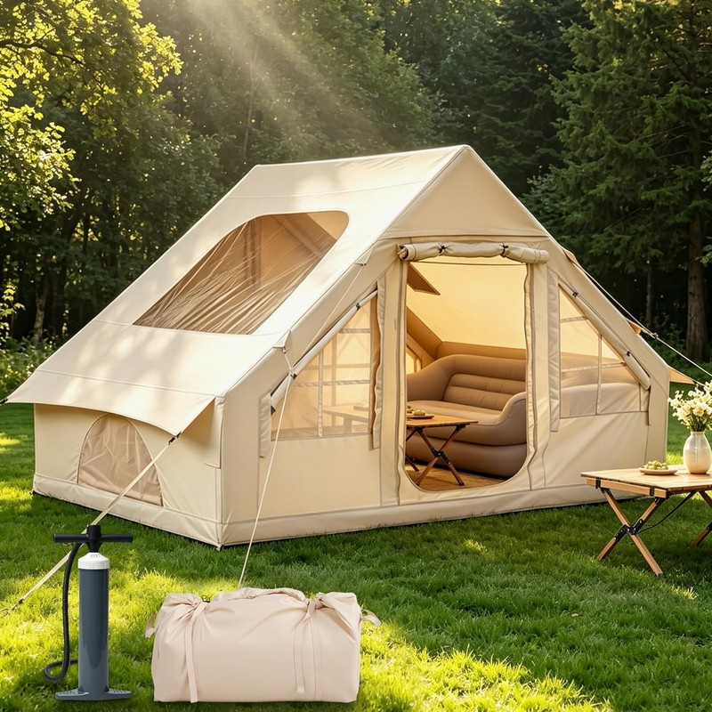 Glamping Blow Up Tent 4-6 Person 420D Oxford w/ Pump Stove Jack Skylight