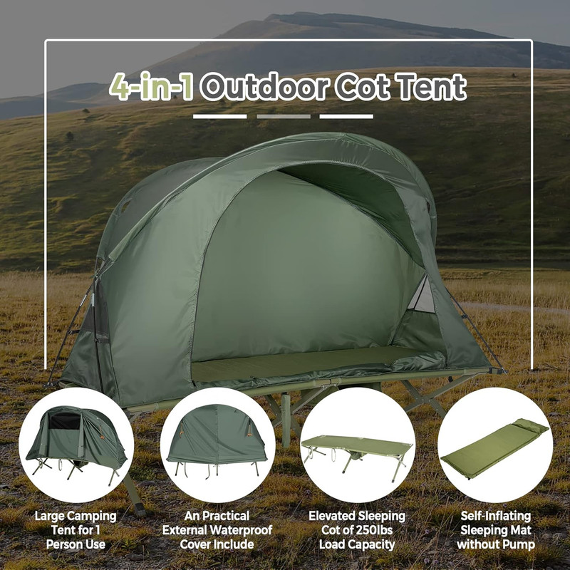4-In-1 Camping Cot Tent Set, Foldable off Ground Elevated Tent for 1 Person, Por gallery