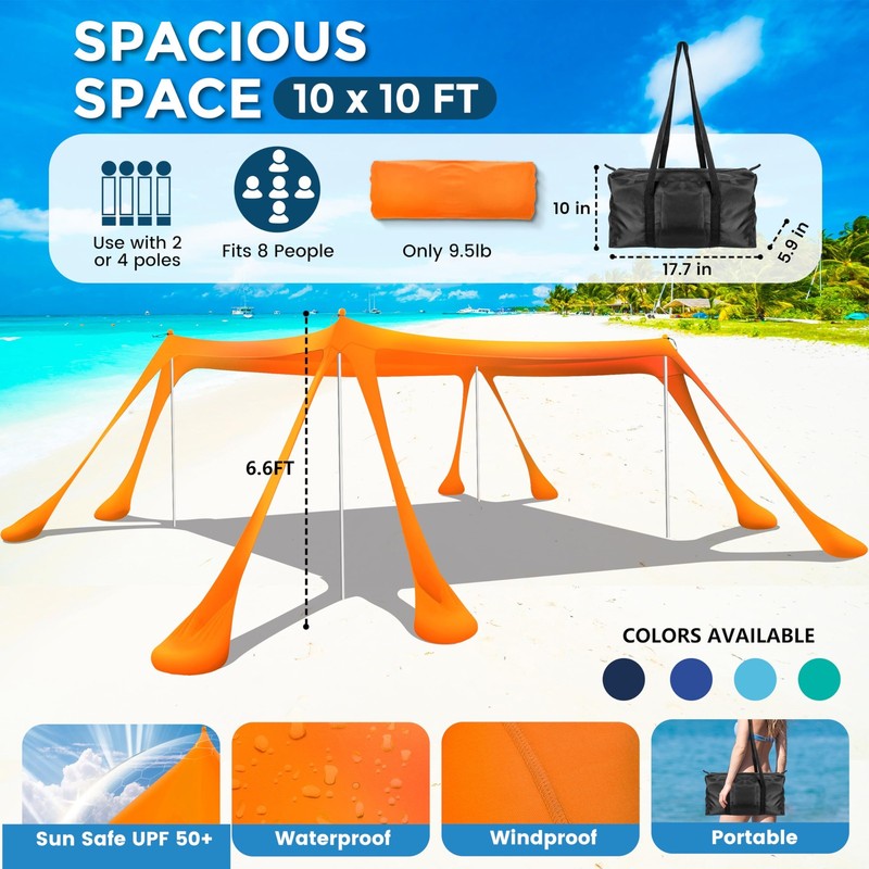 Beach Canopy Beach Tent Pop Up Shade 10x10ft Sun Shelter UPF50+ with 8 Sandba... gallery
