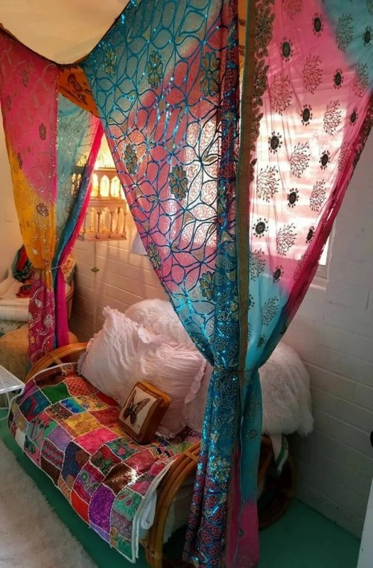 Indian Vintage Handmade Hippie Sari Silk Bed Canopy Curtain Drapes Room Canopy
