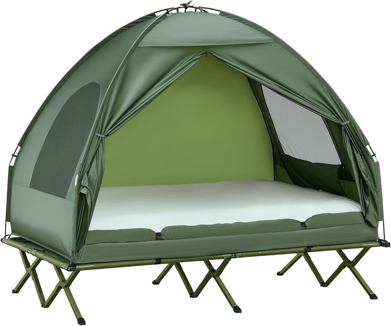 Folding Camping Cots W/Tent Portable 2-Person Tent Bed Camping Combo Set, Green