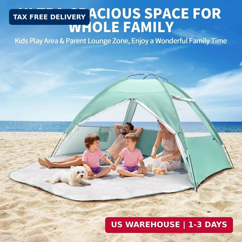 Beach Tent for 3-4 Person, Large Easy Setup Beach Shade Canopy with UPF 50＋ UV P gallery