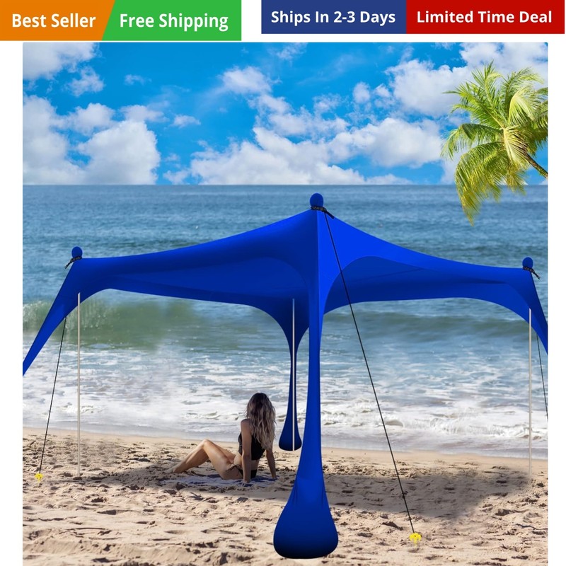 Beach Tent Pop Up Shade 10x10ft Beach Canopy Sun Shelter + with 4 Foldable Po…